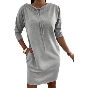 imageCHICME Womens Sweatshirt Dress 2025 Casual 34 Sleeve Mini Dress Stand Collar Drawstring Pullover Tunic Top with PocketsAgray