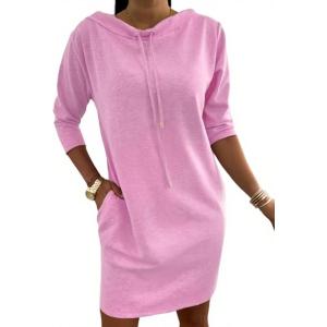 imageCHICME Womens Sweatshirt Dress 2025 Casual 34 Sleeve Mini Dress Stand Collar Drawstring Pullover Tunic Top with PocketsPink