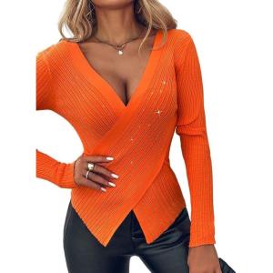 imageChic Me Womens Knit Sweaters Long Sleeve Pullover Rhinestone Decor Criss Cross Knit SweaterOrange
