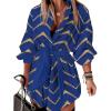 imageCHICME Womens Long Sleeve Casual Dress Bronzing Chevron Print TurnDown Collar Tied Detail Shirt Dress FallampampSpringBlue