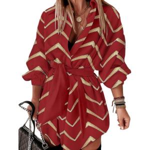 imageCHICME Womens Long Sleeve Casual Dress Bronzing Chevron Print TurnDown Collar Tied Detail Shirt Dress FallampampSpringRed