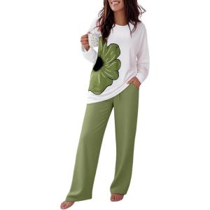 imageCHICME Womens Pajamas Sets 2 Piece Long Sleeve Lounge Set 2025 Loose Pants Pj Sets Loungewear with PocketsAfloral Green