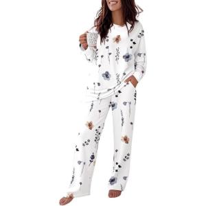 imageCHICME Womens Pajamas Sets 2 Piece Long Sleeve Lounge Set 2025 Loose Pants Pj Sets Loungewear with PocketsFloral White