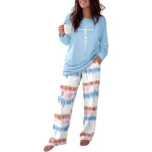 imageCHICME Womens Pajamas Sets 2 Piece Long Sleeve Lounge Set 2025 Loose Pants Pj Sets Loungewear with PocketsPombre Blue