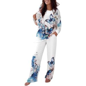imageCHICME Womens Pajamas Sets 2 Piece Long Sleeve Lounge Set 2025 Loose Pants Pj Sets Loungewear with PocketsRbutterfly White