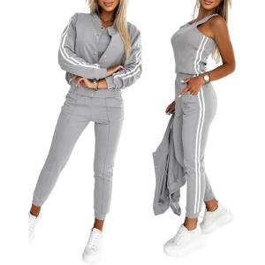 imageCHICME Womens Three Piece Outfits Striped Tape Patch Tank Tops Bomber Jacket with Sporty Pants Tracksuit Lounge SetsSgray