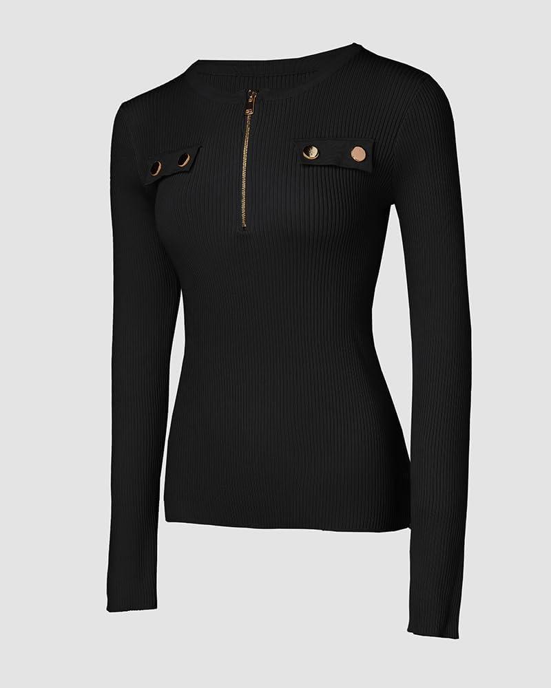 imageCHICME Quarter Zip Pullover Sweaters for Women 2025 Long Sleeve Fitted Sweater Casual Ribbed Knit TopsBlack
