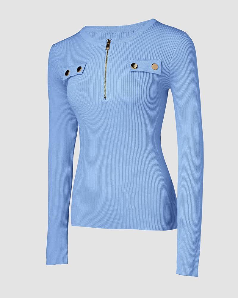 imageCHICME Quarter Zip Pullover Sweaters for Women 2025 Long Sleeve Fitted Sweater Casual Ribbed Knit TopsBlue