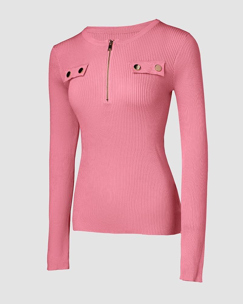 imageCHICME Quarter Zip Pullover Sweaters for Women 2025 Long Sleeve Fitted Sweater Casual Ribbed Knit TopsPink