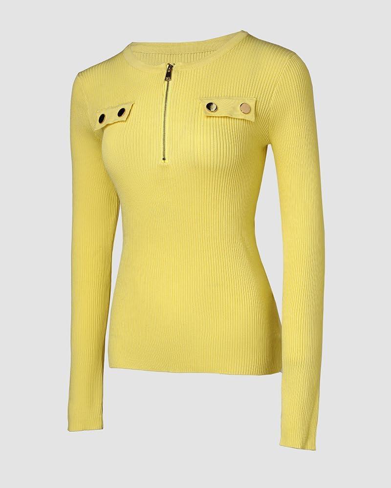 imageCHICME Quarter Zip Pullover Sweaters for Women 2025 Long Sleeve Fitted Sweater Casual Ribbed Knit TopsYellow