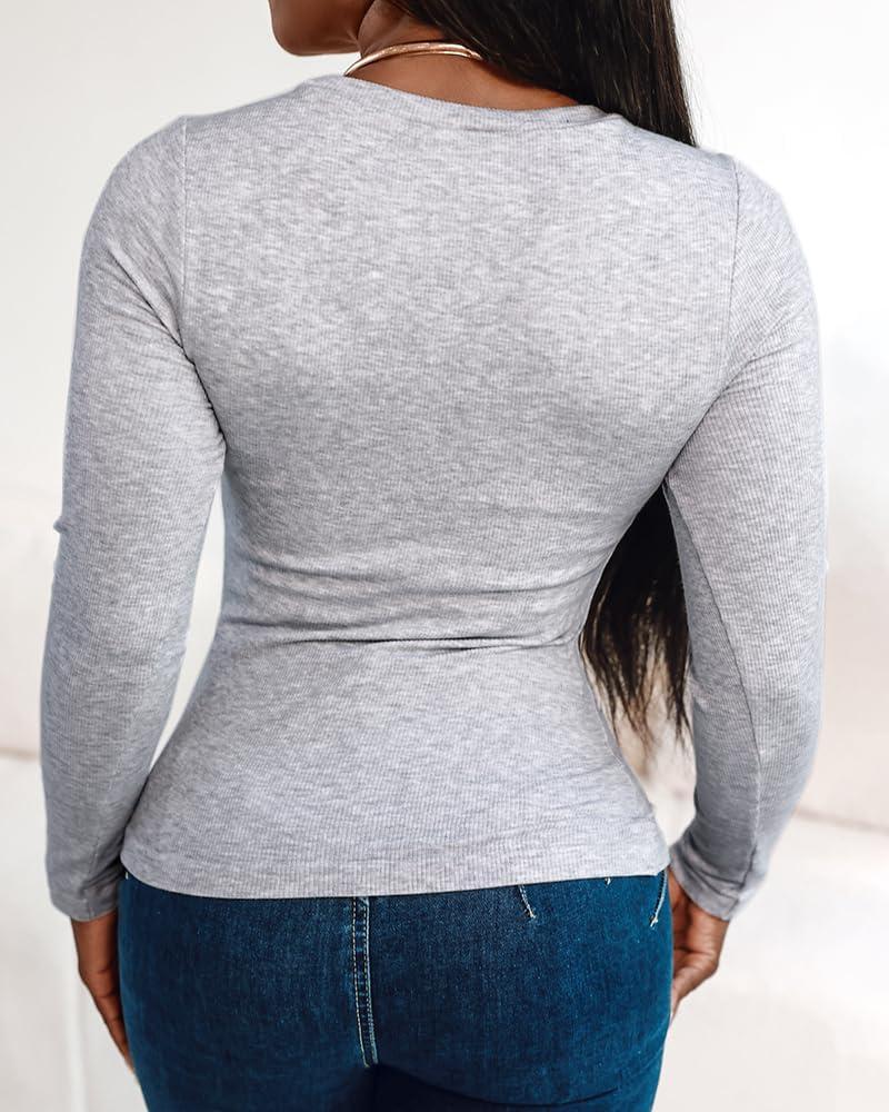 imageCHICME Womens 2025 Long Sleeve U Neck T Shirts with Builtin Shelf Updated Bra Knit Seamless Basic TopsGray