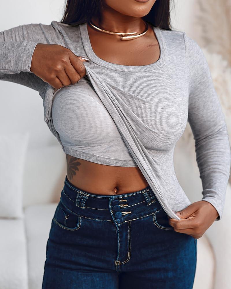 imageCHICME Womens 2025 Long Sleeve U Neck T Shirts with Builtin Shelf Updated Bra Knit Seamless Basic TopsGray