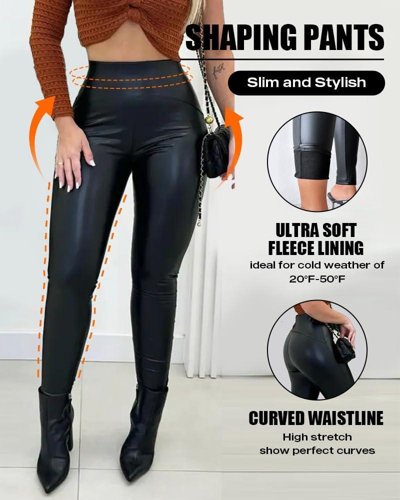 imageCHICME Womens 2025 Stretch Faux Leather Pants High Waist Curved Fleece Lined Tights Pants PU Leather LeggingsBlack