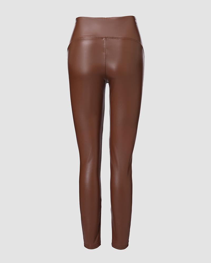 imageCHICME Womens 2025 Stretch Faux Leather Pants High Waist Curved Fleece Lined Tights Pants PU Leather LeggingsCoffee