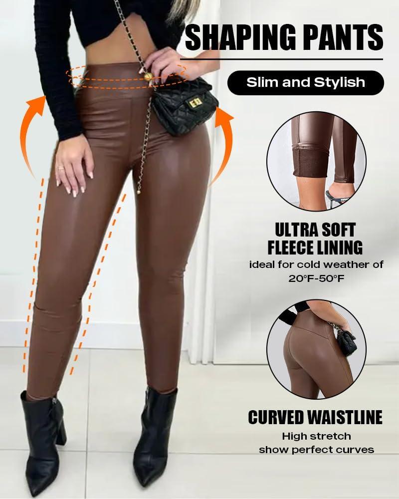 imageCHICME Womens 2025 Stretch Faux Leather Pants High Waist Curved Fleece Lined Tights Pants PU Leather LeggingsCoffee