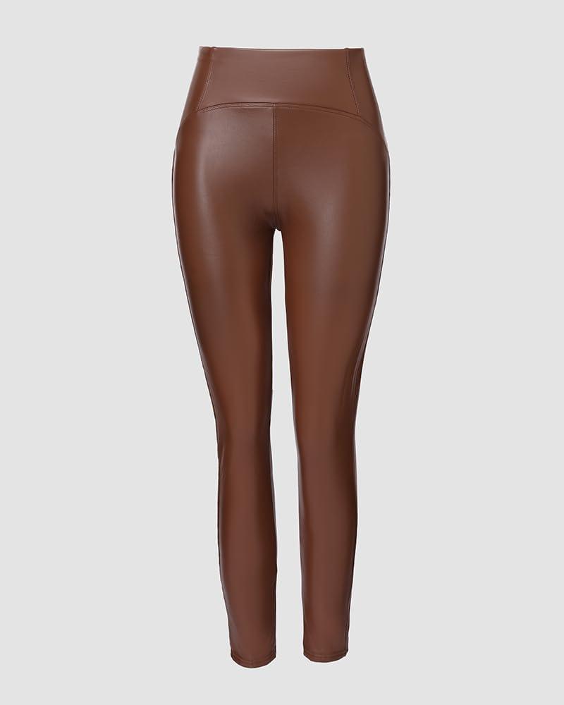 imageCHICME Womens 2025 Stretch Faux Leather Pants High Waist Curved Fleece Lined Tights Pants PU Leather LeggingsCoffee
