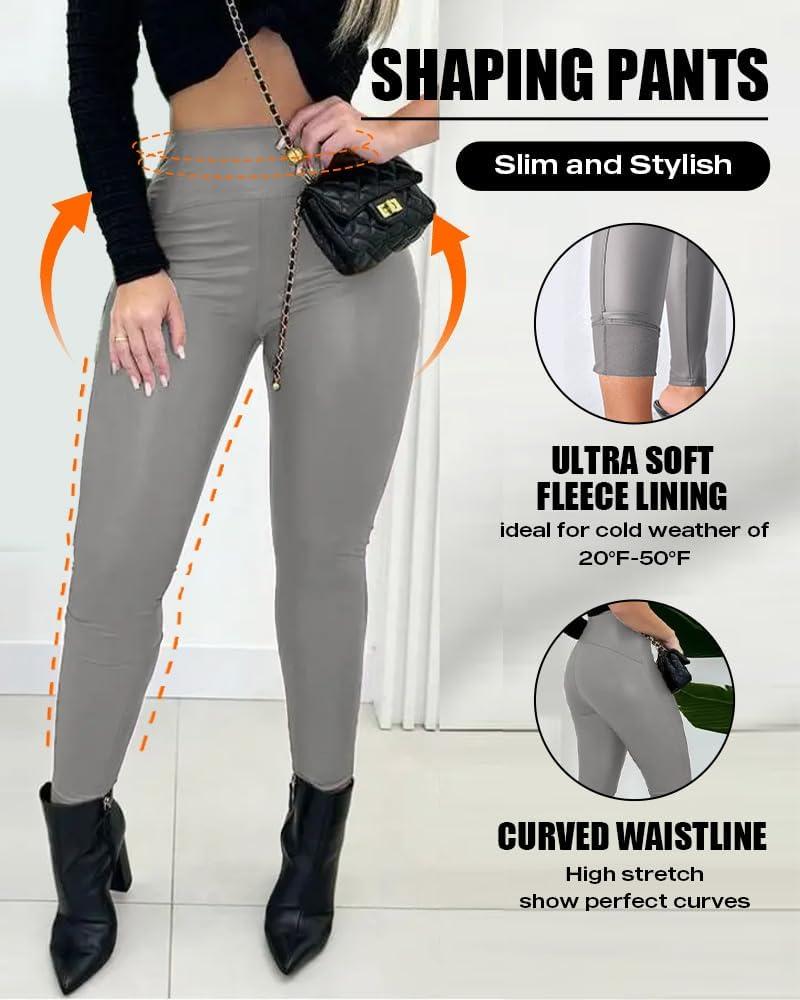 imageCHICME Womens 2025 Stretch Faux Leather Pants High Waist Curved Fleece Lined Tights Pants PU Leather LeggingsDark Grey