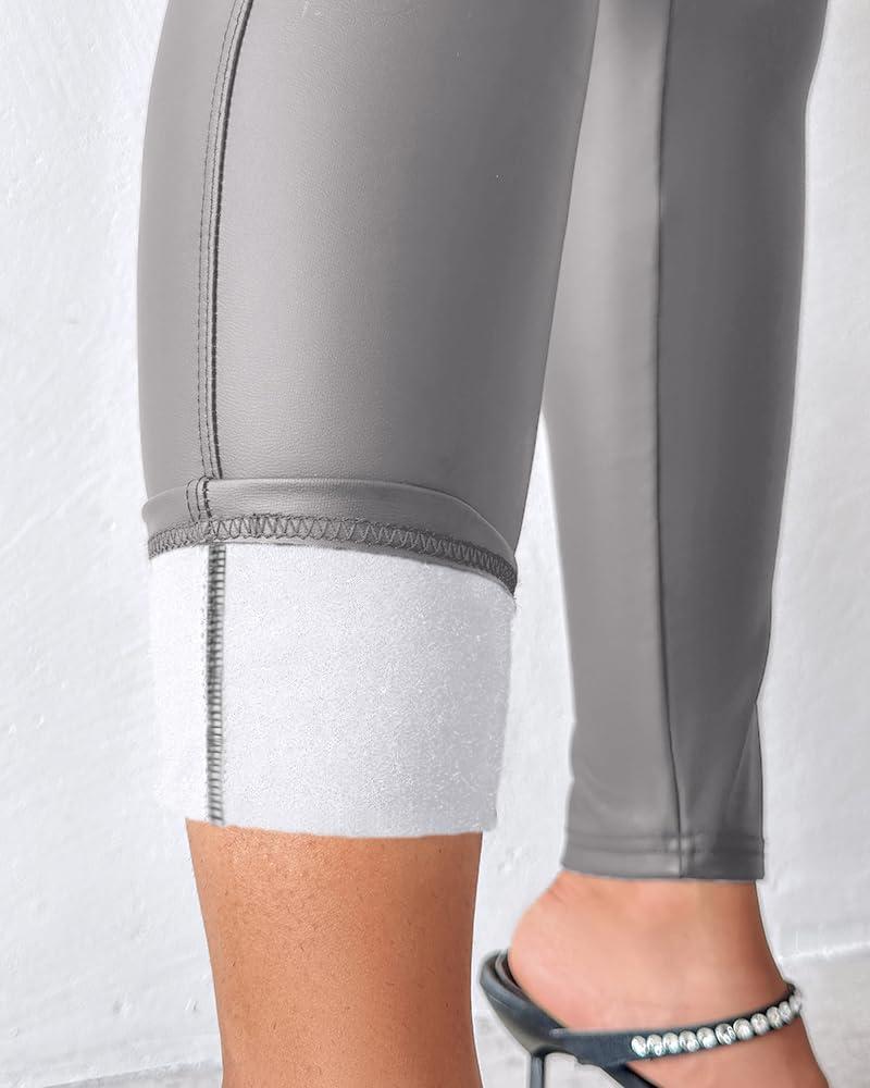 imageCHICME Womens 2025 Stretch Faux Leather Pants High Waist Curved Fleece Lined Tights Pants PU Leather LeggingsDark Grey