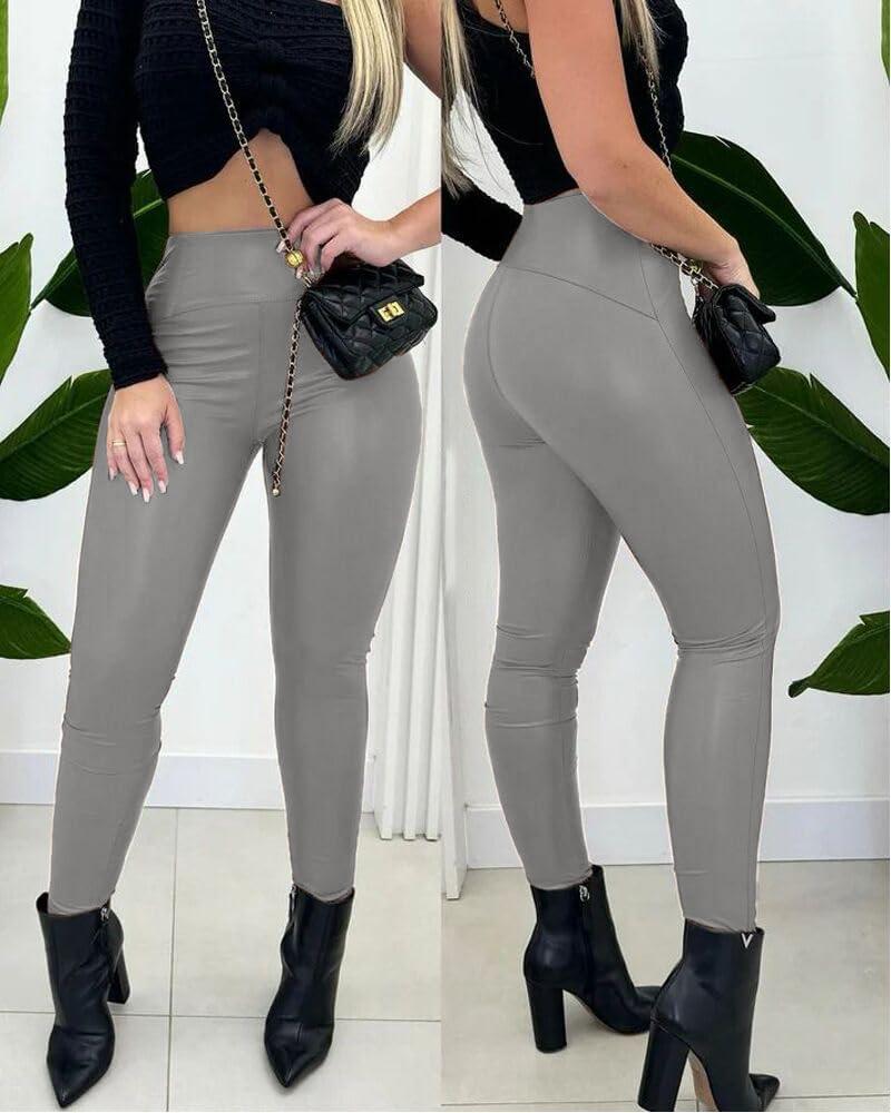 imageCHICME Womens 2025 Stretch Faux Leather Pants High Waist Curved Fleece Lined Tights Pants PU Leather LeggingsGray
