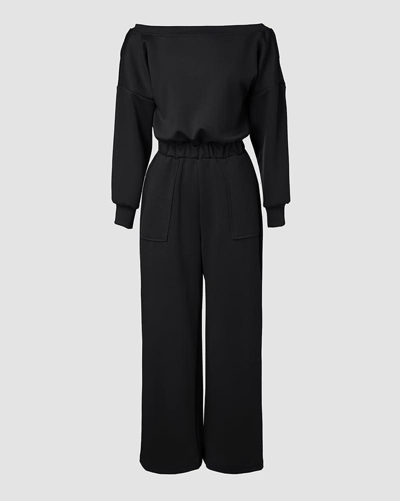 imageCHICME Womens Casual Jumpsuit Off the Shoulder Jumpsuits for Women Long Sleeve Wide Leg Pants Dressy OverallsBlack