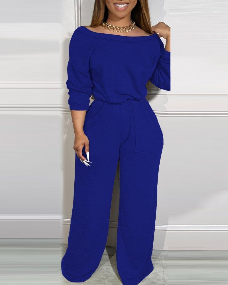 imageCHICME Womens Casual Jumpsuit Off the Shoulder Jumpsuits for Women Long Sleeve Wide Leg Pants Dressy OverallsBlue