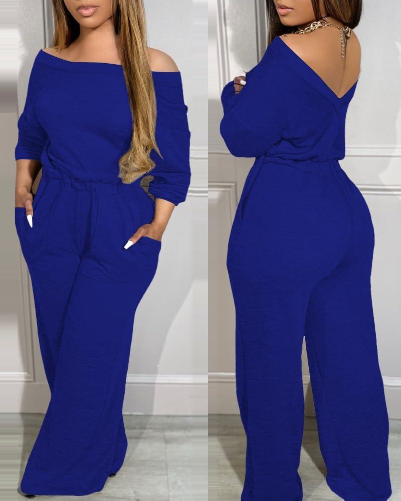 imageCHICME Womens Casual Jumpsuit Off the Shoulder Jumpsuits for Women Long Sleeve Wide Leg Pants Dressy OverallsBlue