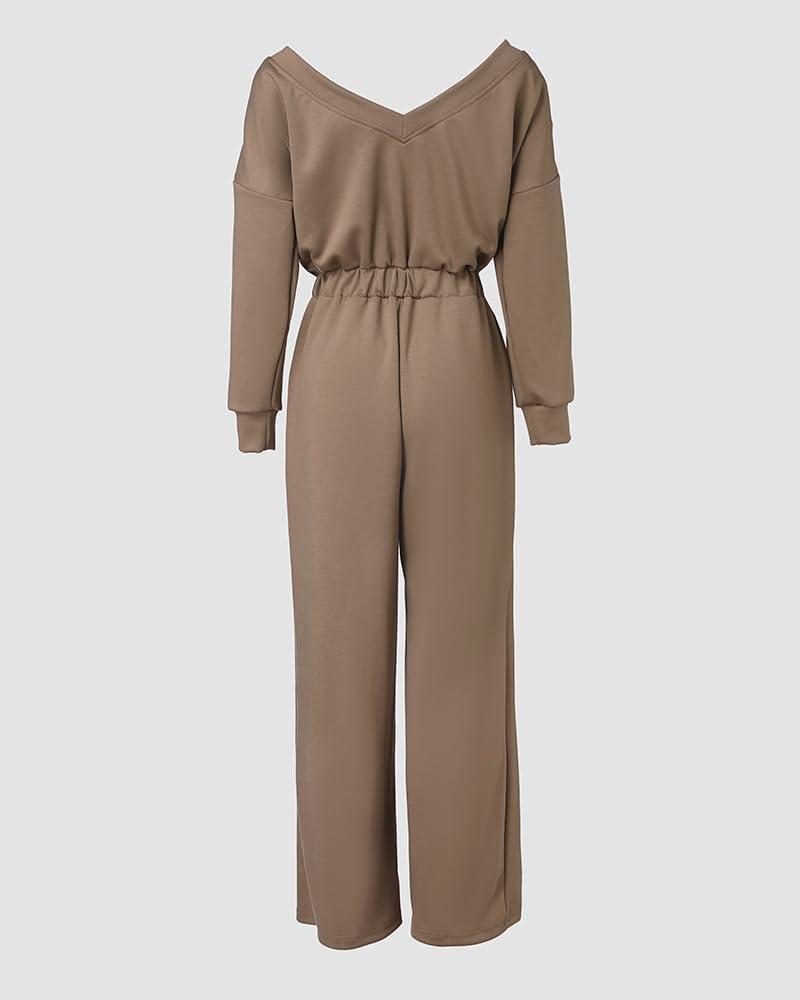 imageCHICME Womens Casual Jumpsuit Off the Shoulder Jumpsuits for Women Long Sleeve Wide Leg Pants Dressy OverallsCoffee