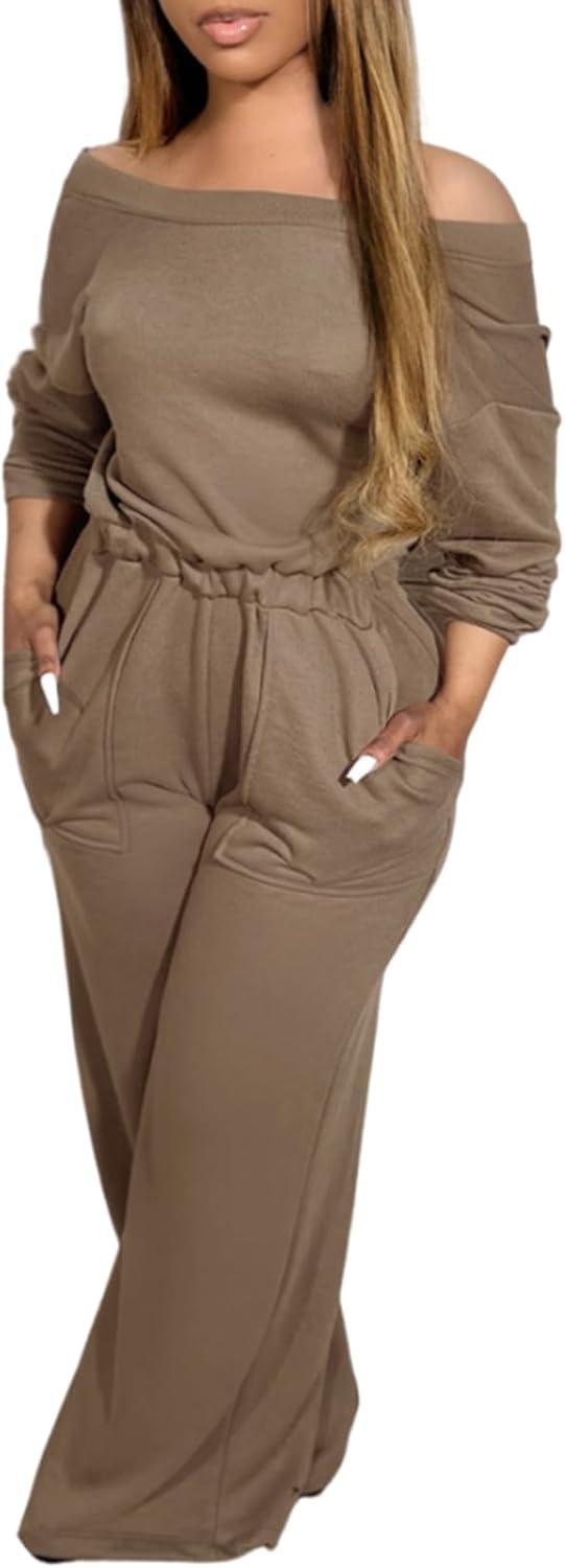 imageCHICME Womens Casual Jumpsuit Off the Shoulder Jumpsuits for Women Long Sleeve Wide Leg Pants Dressy OverallsCoffee