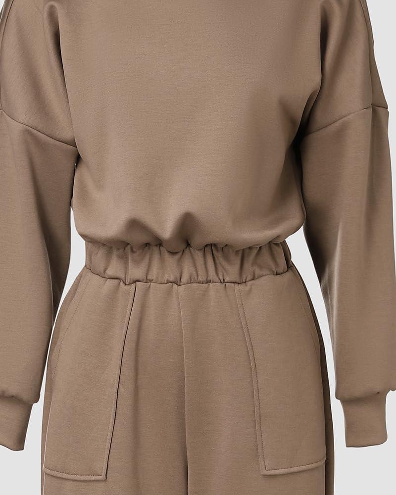 imageCHICME Womens Casual Jumpsuit Off the Shoulder Jumpsuits for Women Long Sleeve Wide Leg Pants Dressy OverallsCoffee