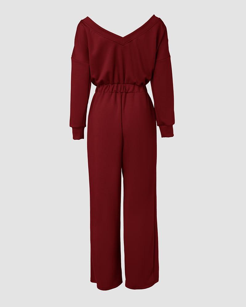 imageCHICME Womens Casual Jumpsuit Off the Shoulder Jumpsuits for Women Long Sleeve Wide Leg Pants Dressy OverallsRed