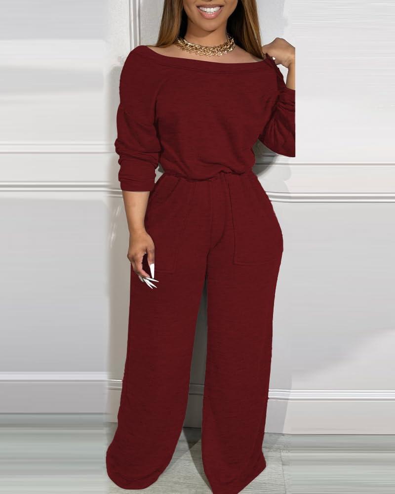 imageCHICME Womens Casual Jumpsuit Off the Shoulder Jumpsuits for Women Long Sleeve Wide Leg Pants Dressy OverallsRed
