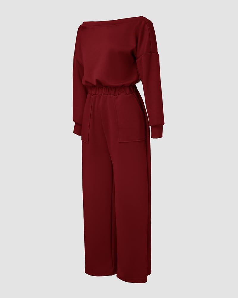 imageCHICME Womens Casual Jumpsuit Off the Shoulder Jumpsuits for Women Long Sleeve Wide Leg Pants Dressy OverallsRed