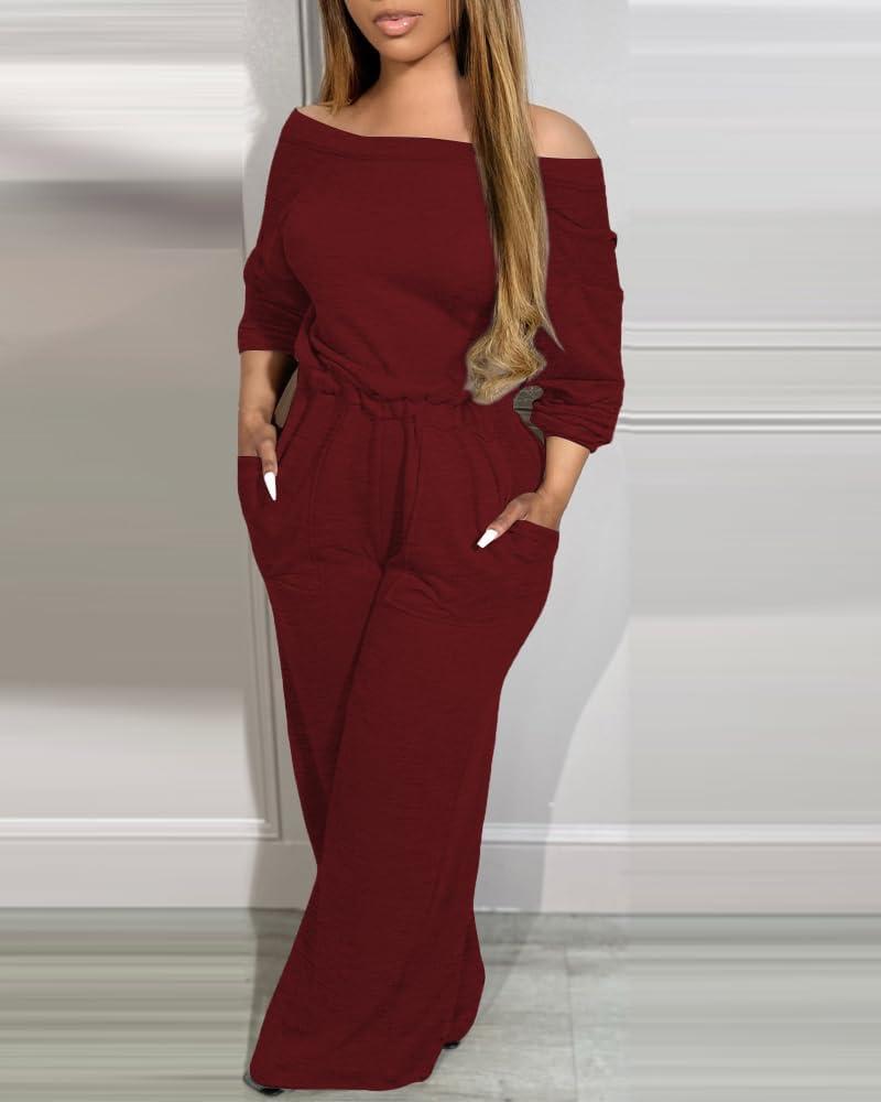 imageCHICME Womens Casual Jumpsuit Off the Shoulder Jumpsuits for Women Long Sleeve Wide Leg Pants Dressy OverallsRed