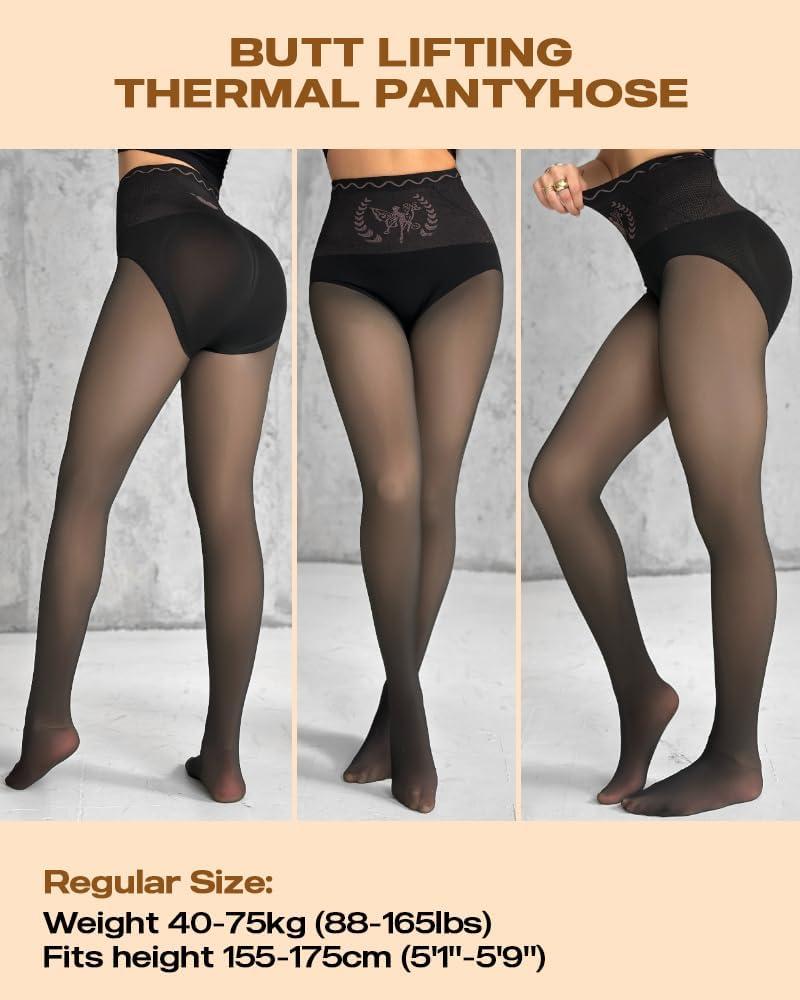 imageCHICME Womens High Waist Butt Lifting Tights 2025 Transparent Thermal Pantyhose Leggings Fleece Lined PantsBlack