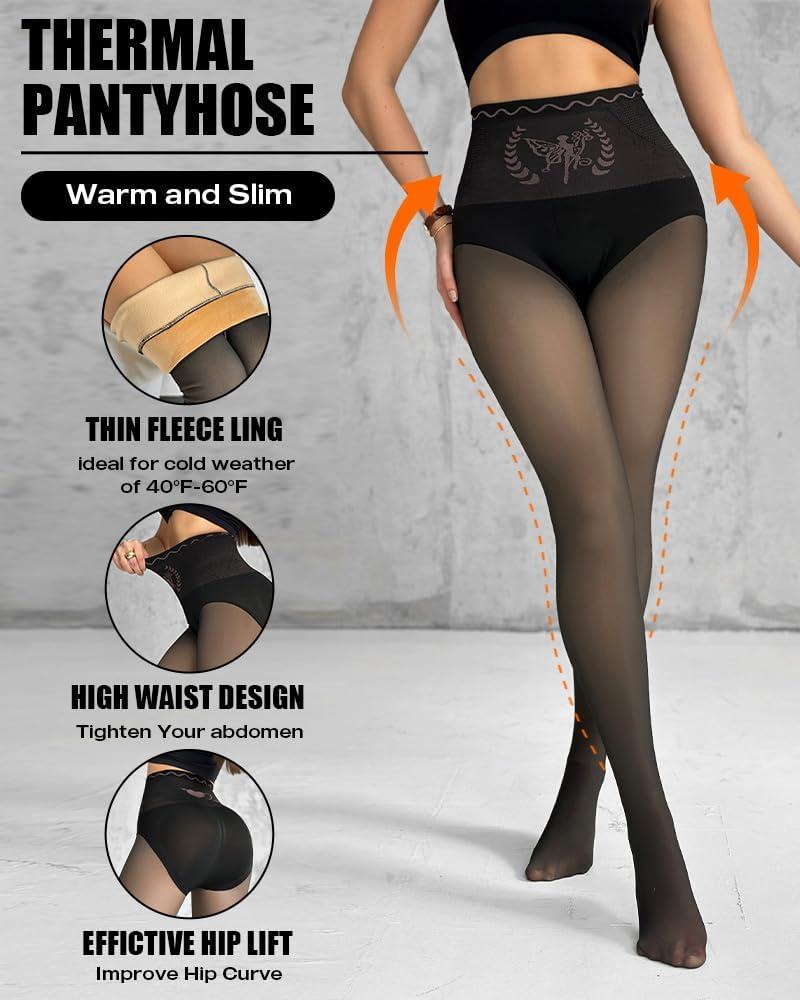 imageCHICME Womens High Waist Butt Lifting Tights 2025 Transparent Thermal Pantyhose Leggings Fleece Lined PantsBlack