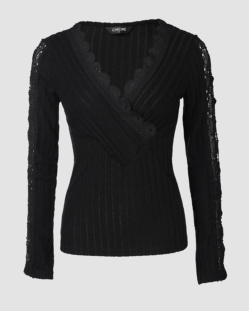 imageWomen Lace Trim V Neck Long Sleeve Knit Top HollowOut Slim Fit TShirts Ribbed Cross Wrap TopAblack