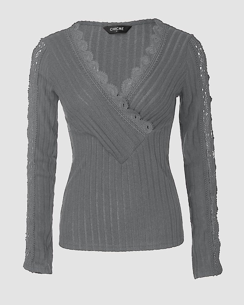imageWomen Lace Trim V Neck Long Sleeve Knit Top HollowOut Slim Fit TShirts Ribbed Cross Wrap TopGrey