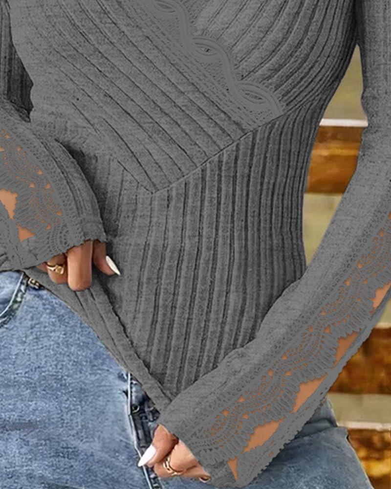 imageWomen Lace Trim V Neck Long Sleeve Knit Top HollowOut Slim Fit TShirts Ribbed Cross Wrap TopGrey