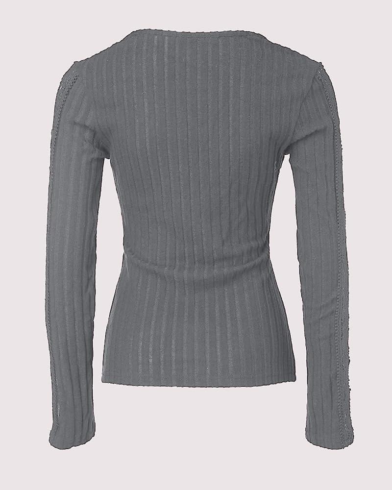imageWomen Lace Trim V Neck Long Sleeve Knit Top HollowOut Slim Fit TShirts Ribbed Cross Wrap TopGrey
