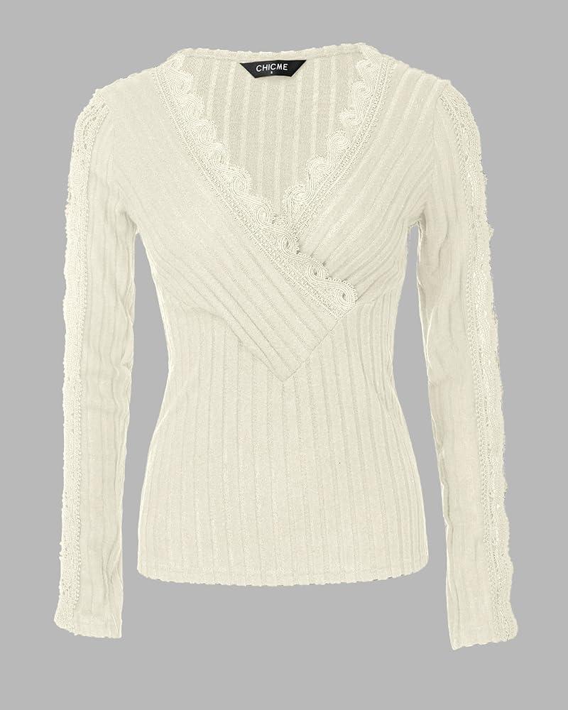 imageWomen Lace Trim V Neck Long Sleeve Knit Top HollowOut Slim Fit TShirts Ribbed Cross Wrap TopWhite