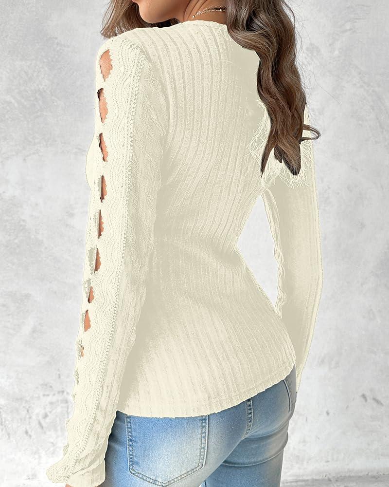 imageWomen Lace Trim V Neck Long Sleeve Knit Top HollowOut Slim Fit TShirts Ribbed Cross Wrap TopWhite