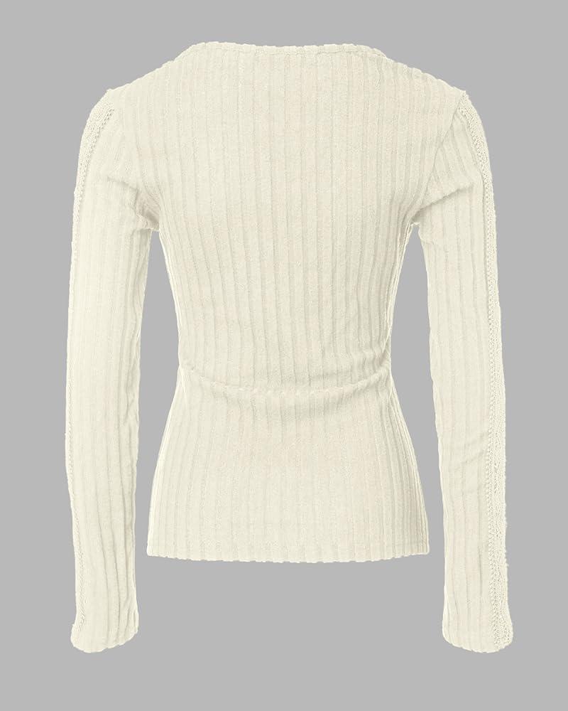 imageWomen Lace Trim V Neck Long Sleeve Knit Top HollowOut Slim Fit TShirts Ribbed Cross Wrap TopWhite