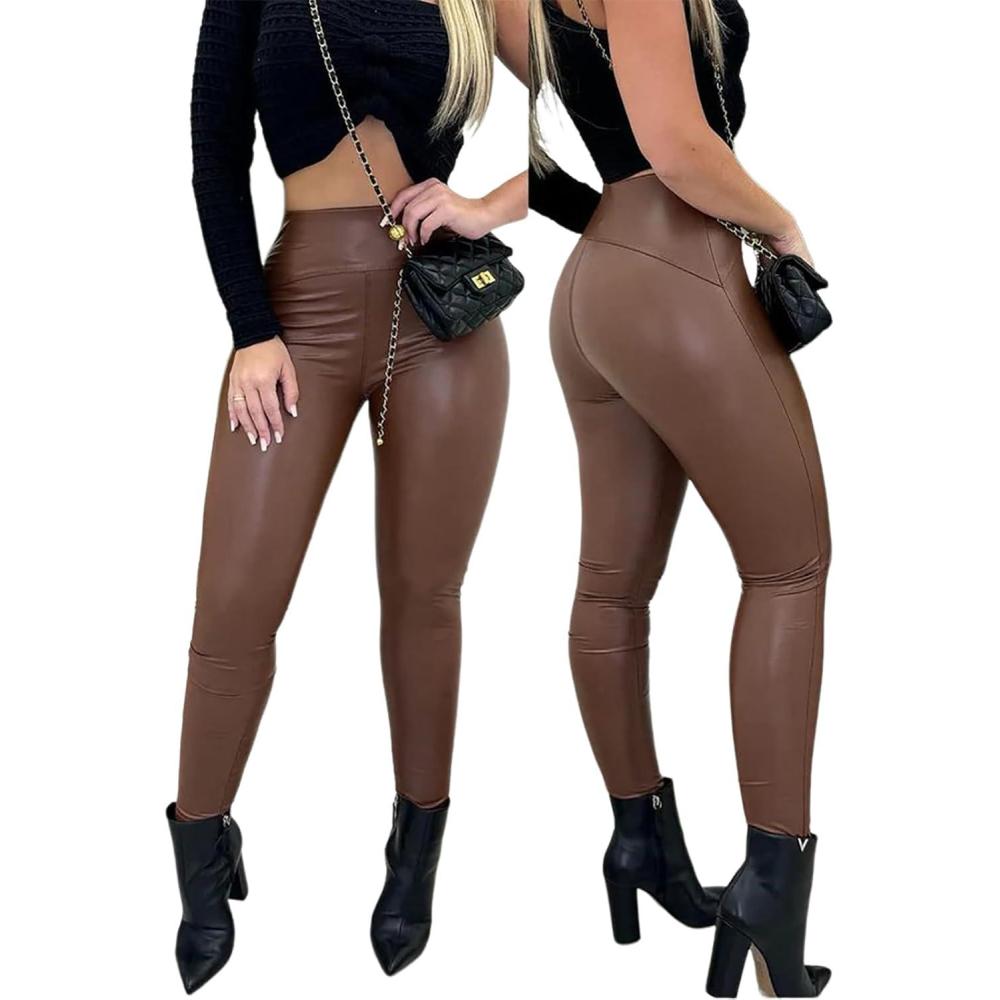 imageCHICME Womens 2025 Stretch Faux Leather Pants High Waist Curved Fleece Lined Tights Pants PU Leather LeggingsCoffee