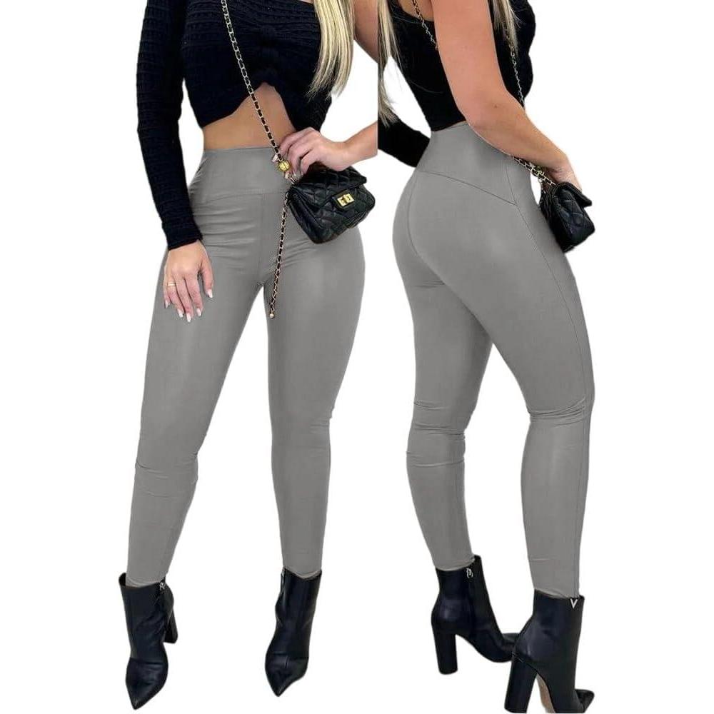imageCHICME Womens 2025 Stretch Faux Leather Pants High Waist Curved Fleece Lined Tights Pants PU Leather LeggingsDark Grey
