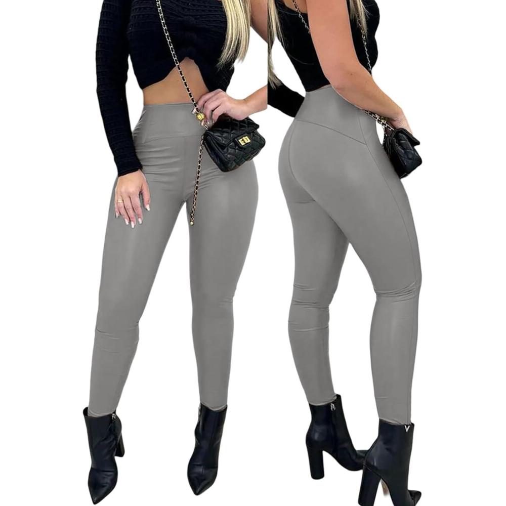 imageCHICME Womens 2025 Stretch Faux Leather Pants High Waist Curved Fleece Lined Tights Pants PU Leather LeggingsGray