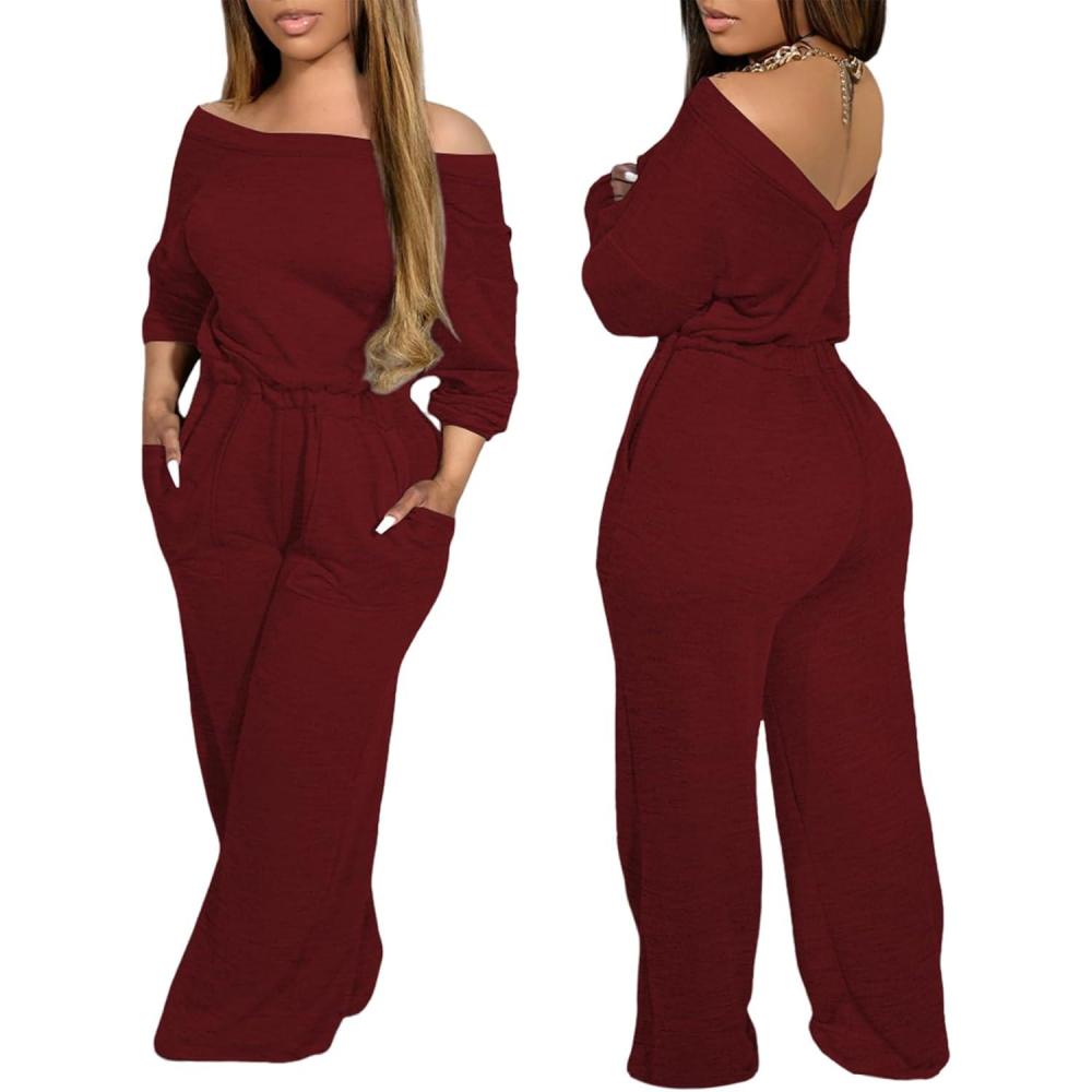 imageCHICME Womens Casual Jumpsuit Off the Shoulder Jumpsuits for Women Long Sleeve Wide Leg Pants Dressy OverallsRed