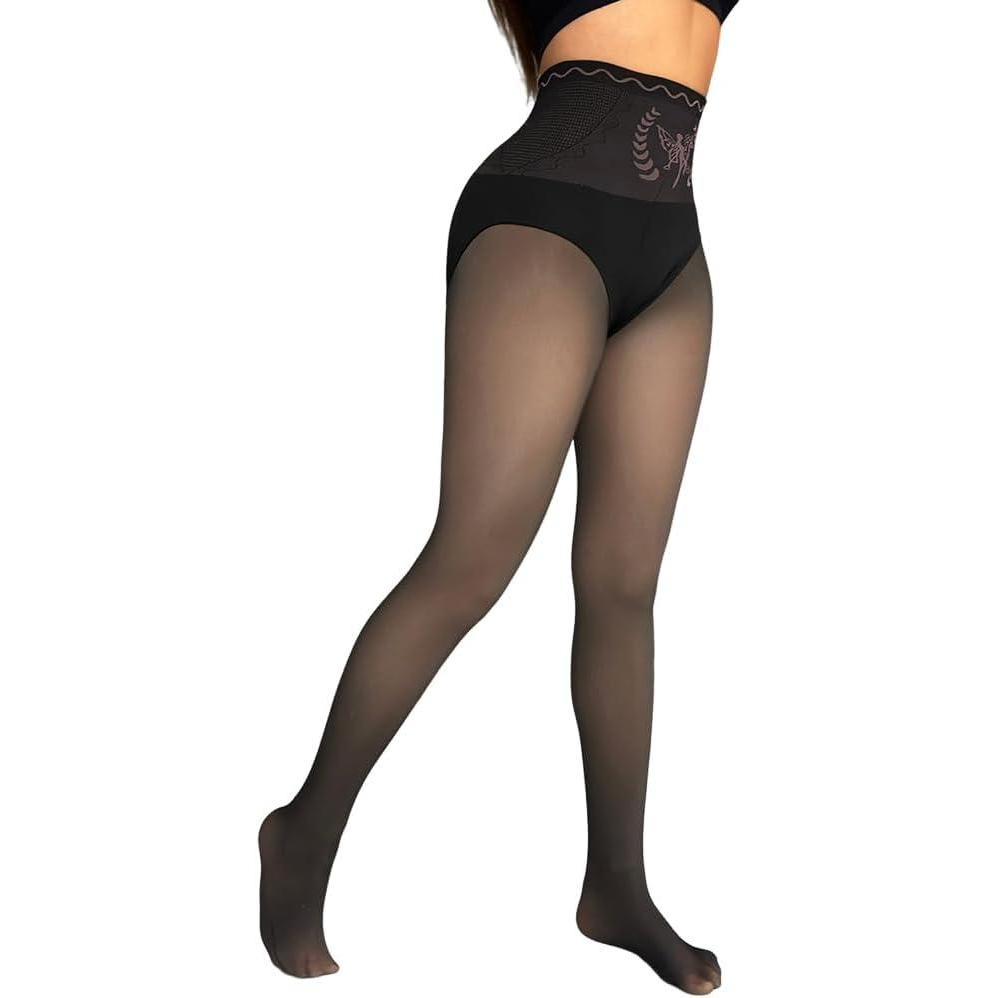 imageCHICME Womens High Waist Butt Lifting Tights 2025 Transparent Thermal Pantyhose Leggings Fleece Lined PantsBlack