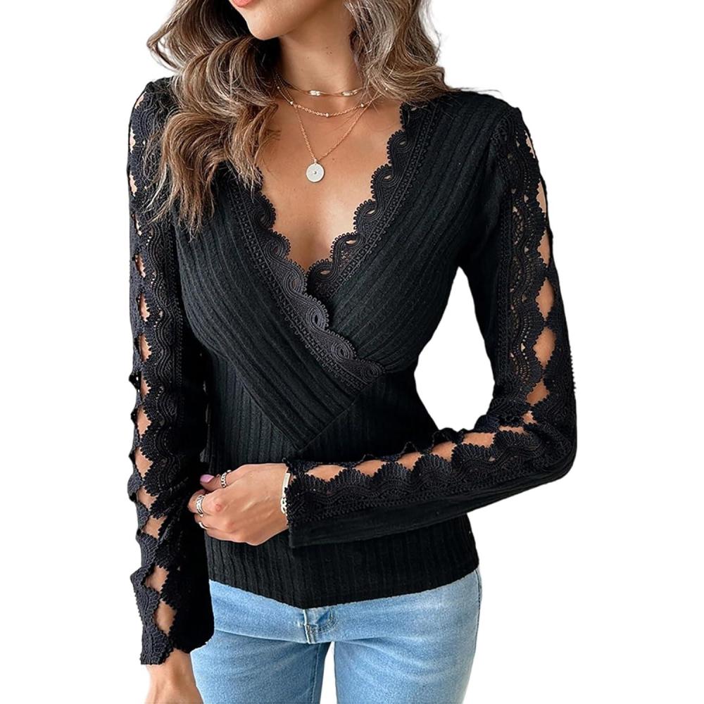 imageWomen Lace Trim V Neck Long Sleeve Knit Top HollowOut Slim Fit TShirts Ribbed Cross Wrap TopAblack