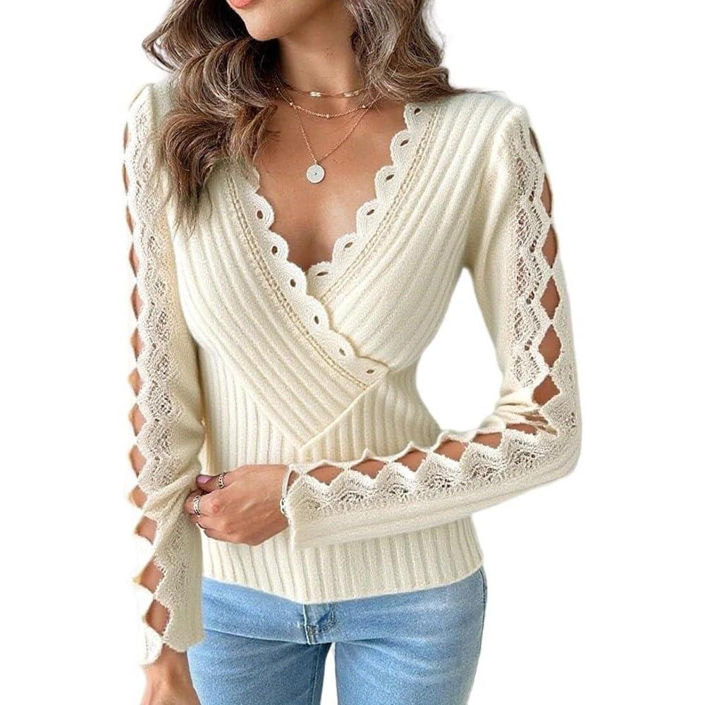 imageWomen Lace Trim V Neck Long Sleeve Knit Top HollowOut Slim Fit TShirts Ribbed Cross Wrap TopWhite