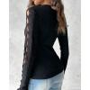 imageWomen Lace Trim V Neck Long Sleeve Knit Top HollowOut Slim Fit TShirts Ribbed Cross Wrap TopAblack